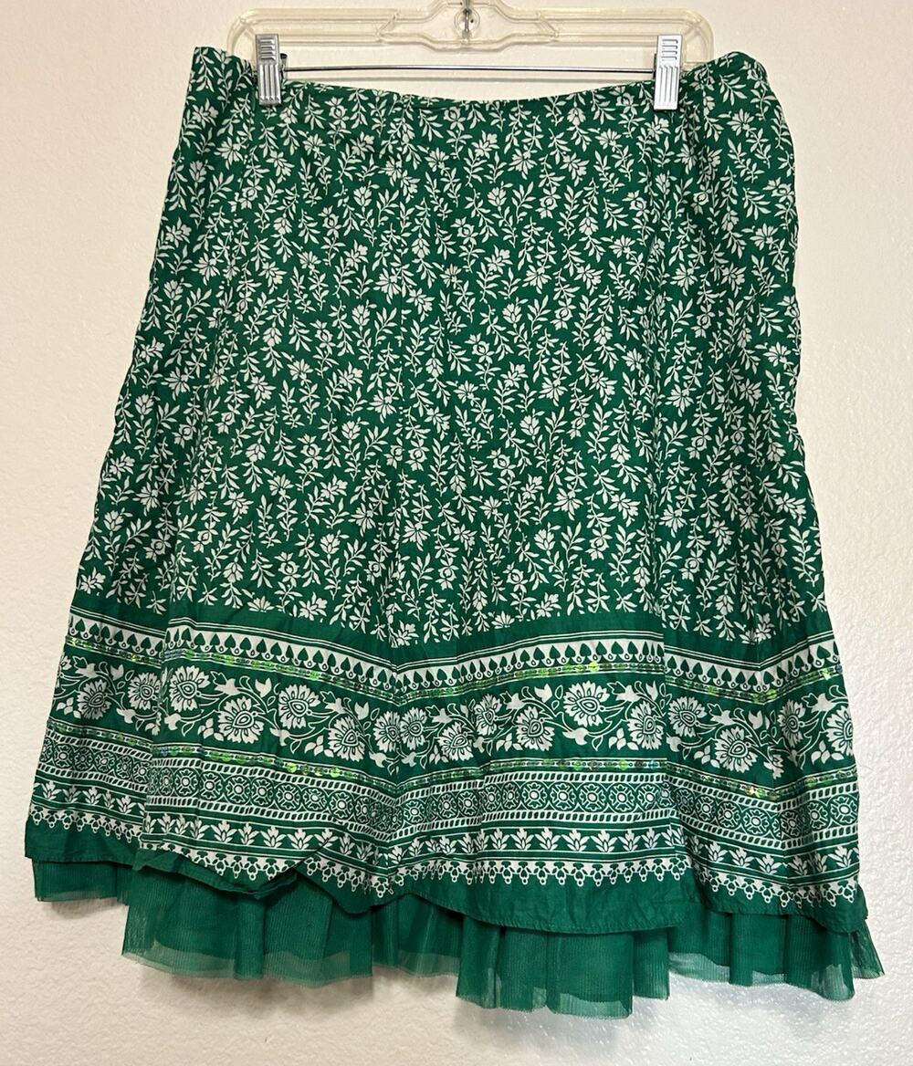 Apt. 9 Women’s Green White Floral A-Line Knee Skirt Mesh Layered Hem 12